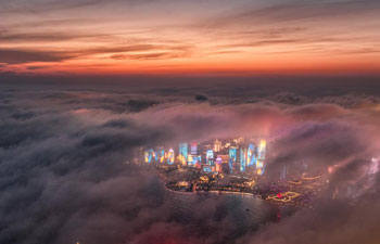 Aerial view of advection fog above Qingdao in east China's Shandong